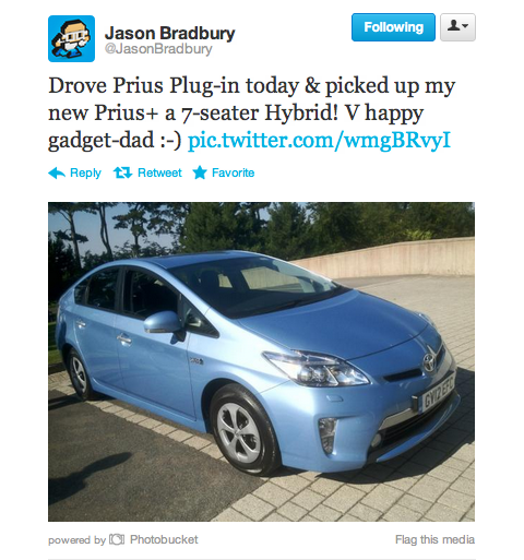 Jason Bradbury Toyota Prius Plug-in tweet