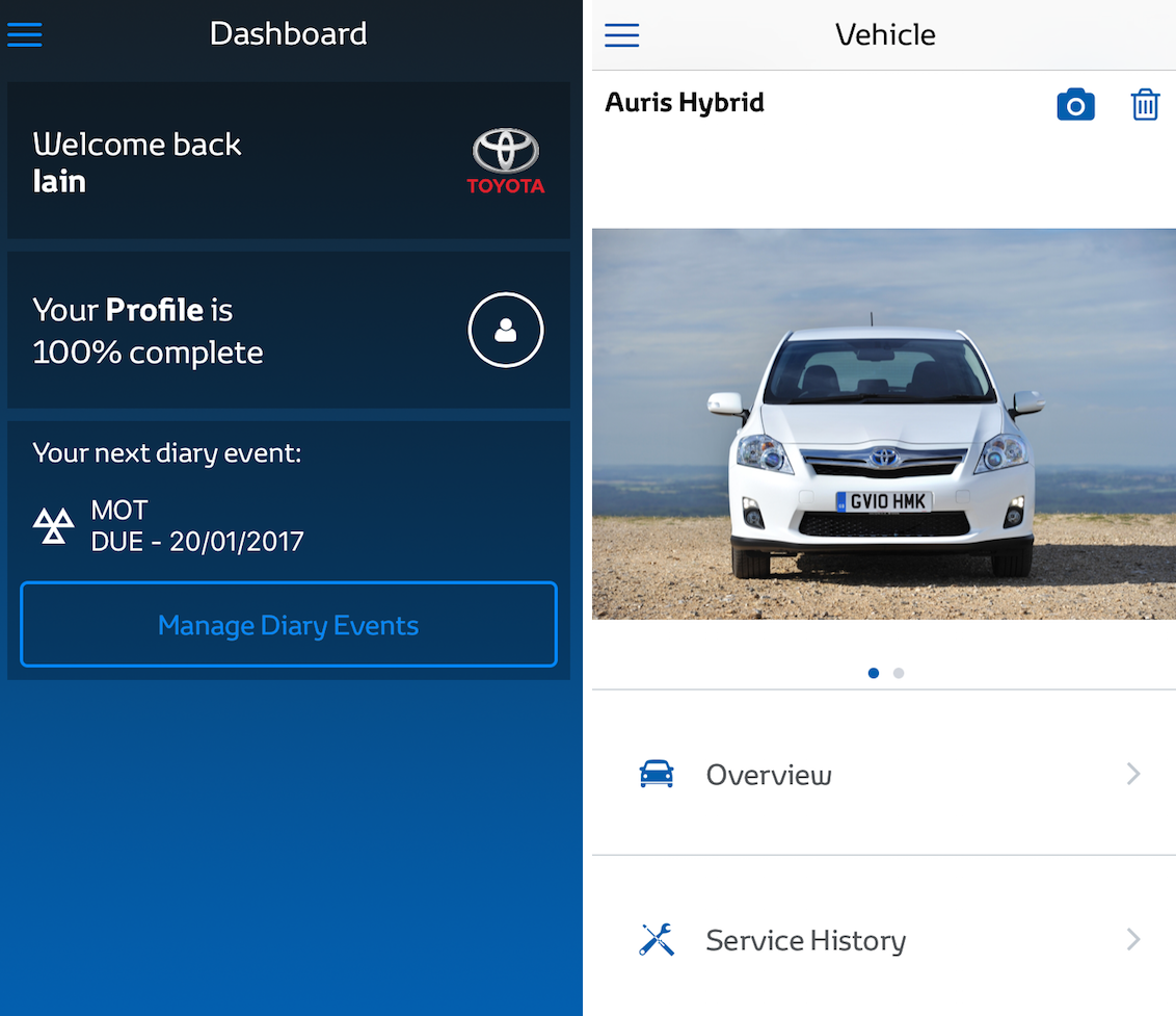 My Toyota Europe app dashboard vehicle screens