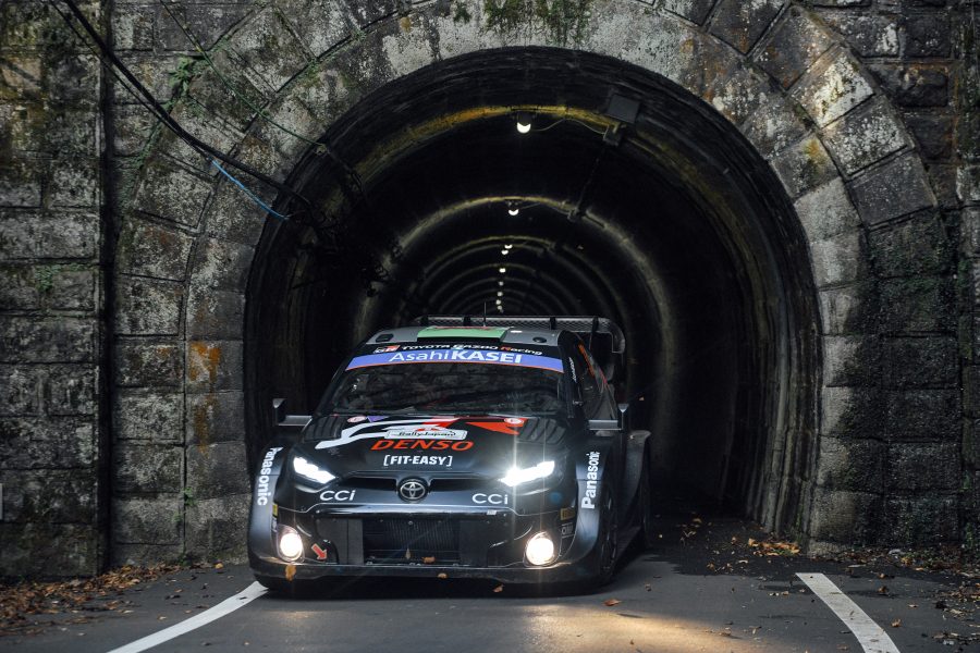 The crew of car 33 emerge from a tunnel on Rally Japan 2024