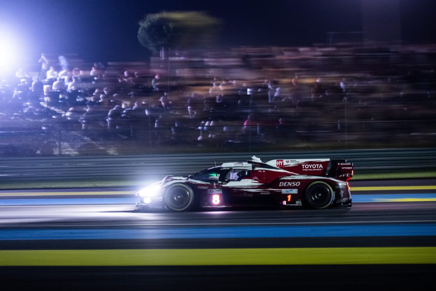 Toyota No.8 TR010 Hybrid racing at night during the 2026 Le Mans 24 Hours.