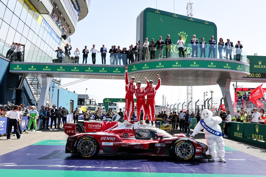 Toyota No.7 TR010 Hybrid on the podium after winning the 2026 Le Mans 24 Hours
